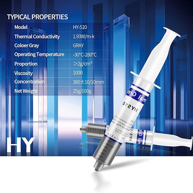MoneyQiu HY-510-100g (25g*4) Thermal Conductivity: >1.93W/m-k CPU Thermal heatsink Paste Silicone Grease Compound Non-Conductive for pc CPU gpu PS4 100 Gram
