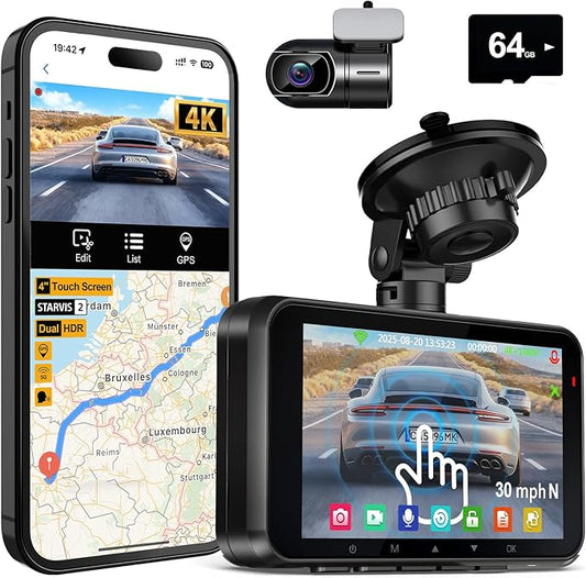 HUPEJOS 4K Dual Dash Cam Front and Rear, Camera for Cars with STARVIS 2 Sensor, 4” Touch Screen Dashboard Camera Built-in 5G WiFi GPS, Free 64GB Card, Voice Control, Night Vision, 24H Parking Mode