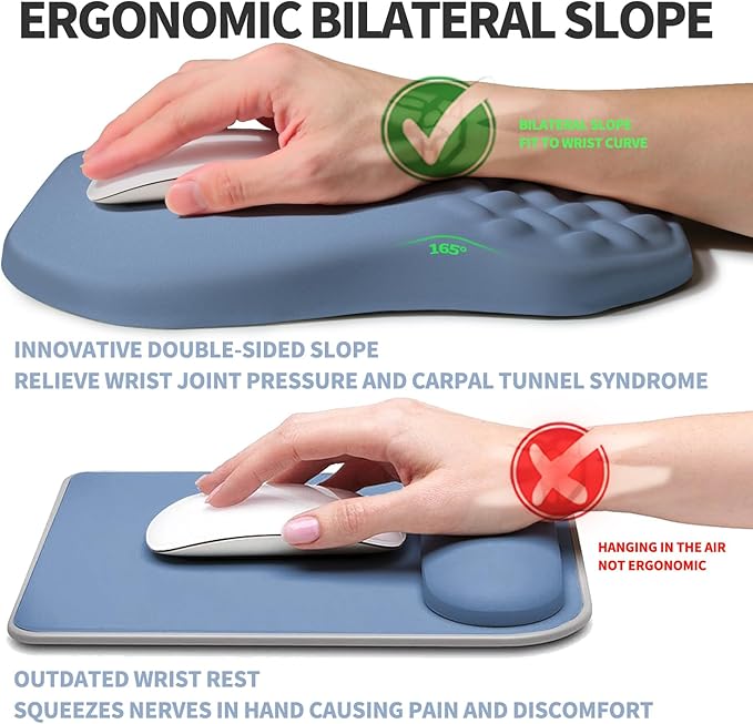 Gleamtide Ergonomic Raised Mouse Pad Wrist Support with Bilateral Slope Memory Foam Mousepad for Wrist Rest and Carpal Tunnel Pain Relief 11.8x7.9〃 Stone Blue