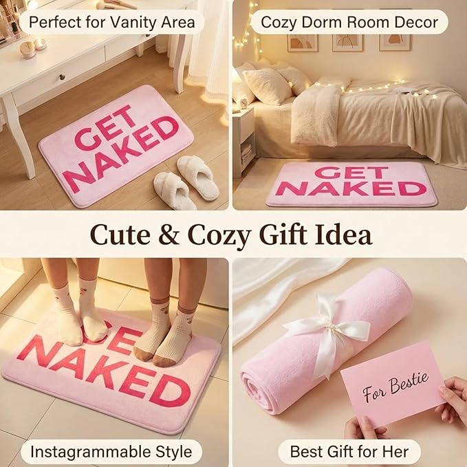 Pink Get Naked Memory Foam Bath Mat 32x20 Inch, Funny Bathroom Rugs, Cute Dorm, Apartment Decor, Soft Non Slip Absorbent Mats for Shower, Vanity