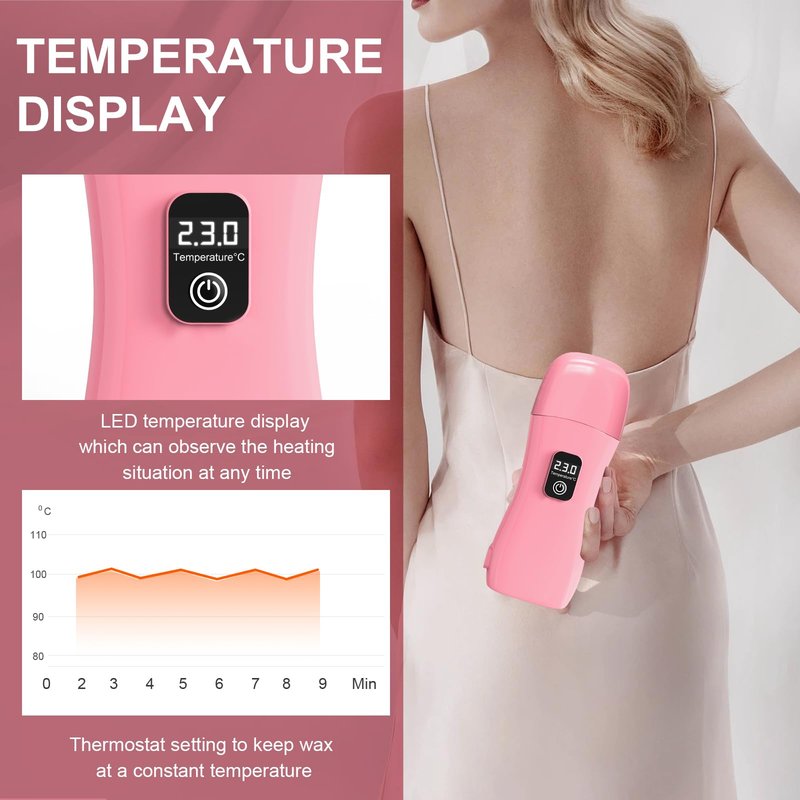 Roll on Wax Kit for Hair Removal - Wax Roller with Digital LED Display, Waxing Kit for Hair Removal for Women, Safe No-Burn At-Home Waxs Warmer, 2 Soft Honey Cartridges & 50 Strips