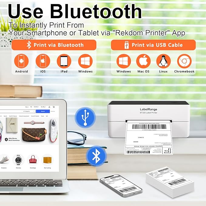 LabelRange Ecommerce Label Printer 4x6, Thermal Shipping Label Printer, Support Amazon, USPS, Pirate Ship, Shopify, Poshmark, Bluetooth and USB Connection