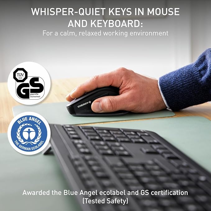 Cherry Stream Desktop Comfort, Wireless Keyboard and Mouse Combo, 2.4 GHz Connection, Whisper-Quiet Keys, Ergonomic Right-Handed Mouse, Battery-Powered, Black