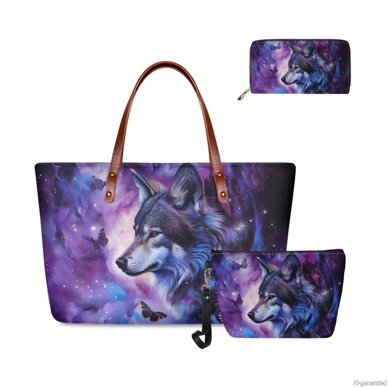 GIFTPUZZ Wolf Women Handbag Set 3 Packs Includes Large Capacity Top-Handle Bag PU Leather Toiletry Makeup Pouch Long Wallets Waterproof Blue Purple