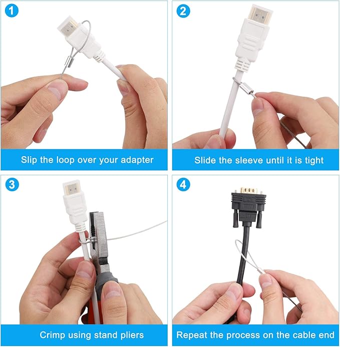 Ciyebst Cable Tethers 50 Pack with Crimping Tool (12 Inches, White Color), Adjustable Security Cable Look, Universal DIY Adapter Tethering Ties Kit for Computer Cord, Pre-Assembled, Tamper-Resistant