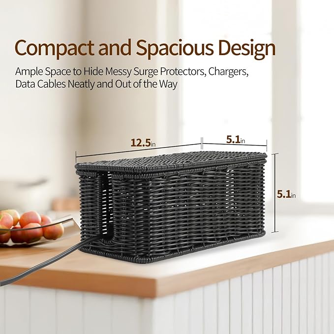 Delamu Handwoven Rattan Small Cable Management Box, Cord Organizer with 2 Open Slots, Desk Cord Hider Box for Computer Router USB Hub Power Strip, 12.5" Lx 5.1" Wx 5.1" H, Black
