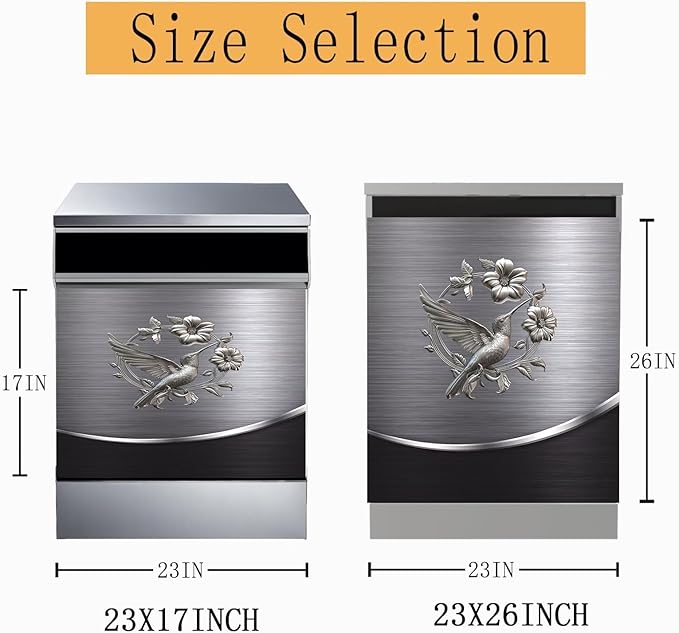 Grey Metal Silver Bird with Flower Pattern Magnetic Dishwasher Cover Sheet Polishing Steelbird Dishwasher Skin Decor Silver Texture 23X17 INCH Magnet Rerigerator Kitchen Panel Decal Sticker