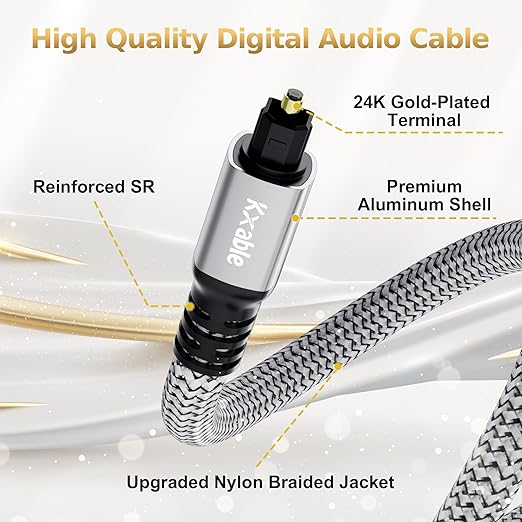 Kxable Optical Audio Cable 20 FT, Digital Audio Cable, Toslink Fiber Optic Cord, [Nylon Braided, Slim Aluminum Shell, Gold Plated Connector], for Home Theater, Sound Bar, PS4, Xbox, TV and More