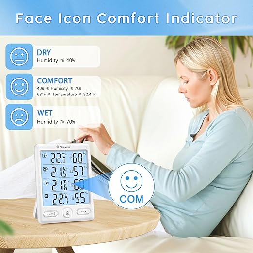 Geevon Indoor Outdoor Thermometer Wireless, 5-Inch Display Digital Hygrometer Thermometer Temperature Humidity Monitor with 3 Remote Sensors and Backlight, Battery-Powered