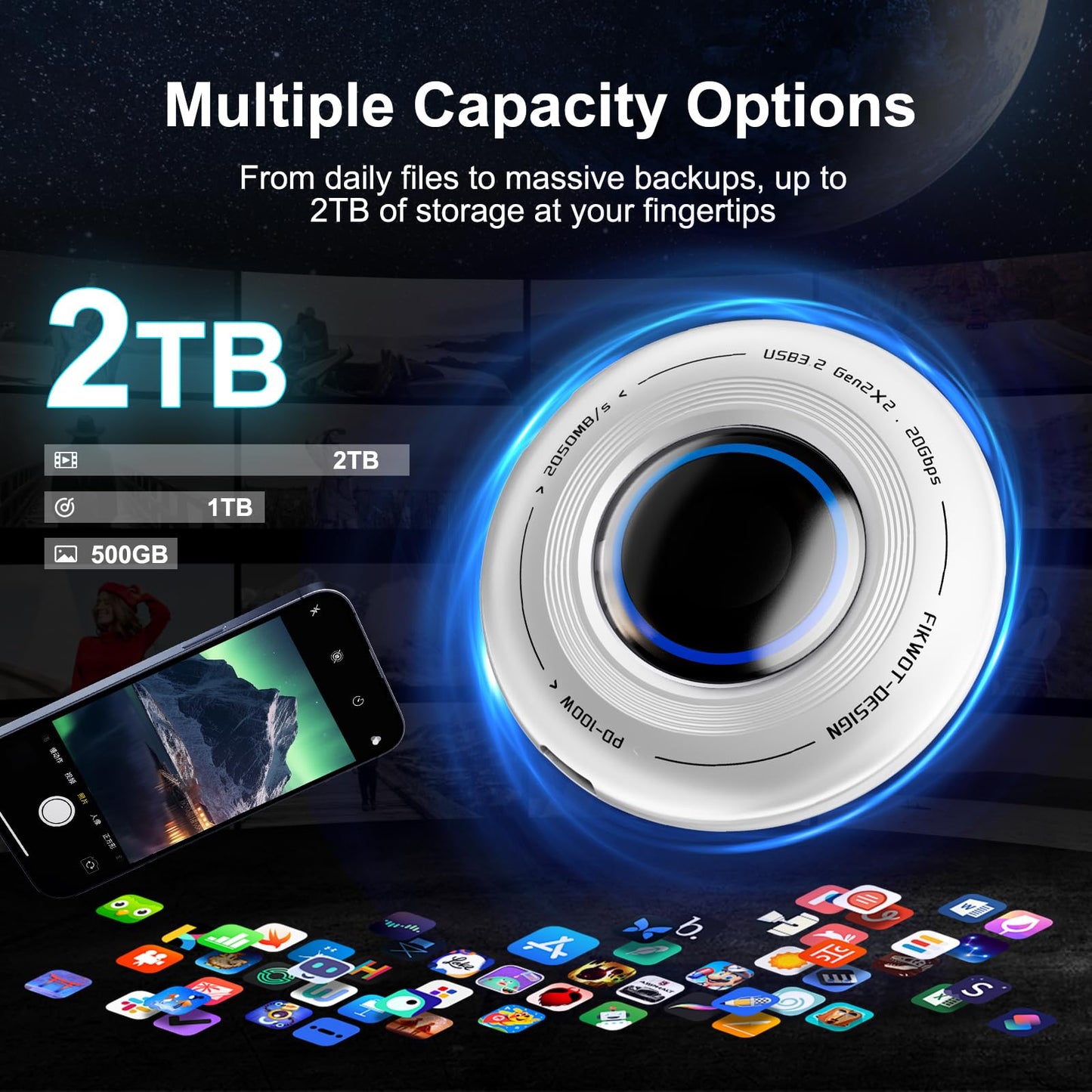 FP108 2TB Magnetic Portable SSD, External Solid State Drives with PD-100W and 2050MB/s USB-C 3.2 Gen 2x2, Play While Charging, Compatible with iPhone 16/15 Pro Max, Android, PC, Mac, Switch Lite