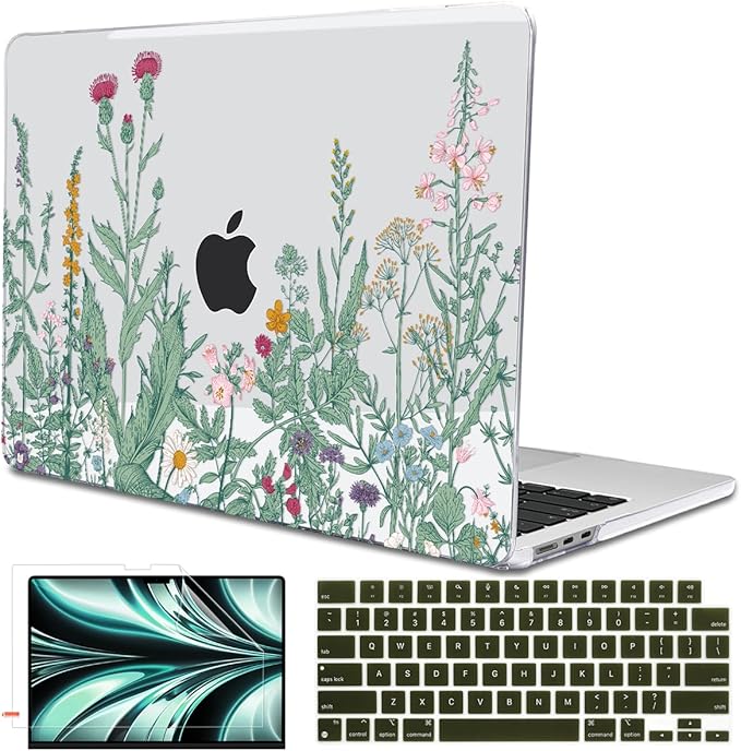 LCMOCICO for MacBook Air 13 Inch Case 2026 2025 2024 2023 2022 Release M5 A3449 M4 A3240 M3 A3113 M2 A2681, Scratch Resistant Plastic Hard Shell Case for MacBook Air 13.6 M5, Green Plants Flowers