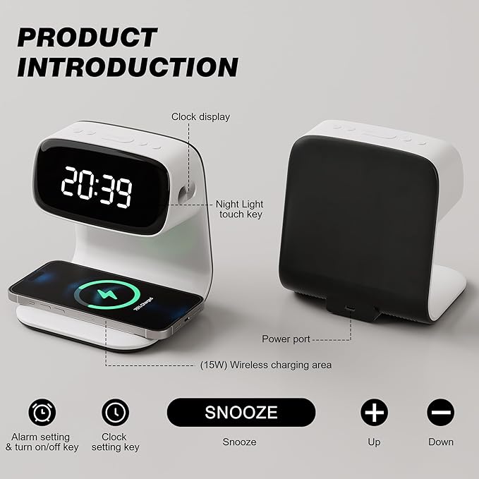 YIDPU Digital Alarm Clock with Wireless Fast Charging Station 15W Touch Smart Lamp for Bedside,3 Colors Nightlight Adjustment Night Lamp for Living Room,Bedside,Heavy Sleepers (White+Cable&Adapter)