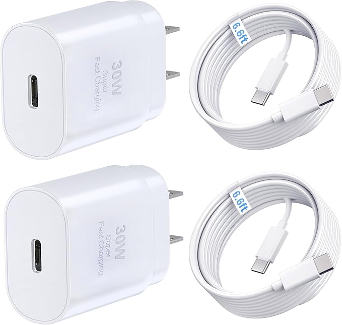 TT&C 2-Pack 30W USB-C Super Fast Charger with 6.6FT Type C Cables, PD 3.0 Wall Plug Compatible with iPhone 17 16 15, Galaxy S26 S25 Ultra & iPad (White)
