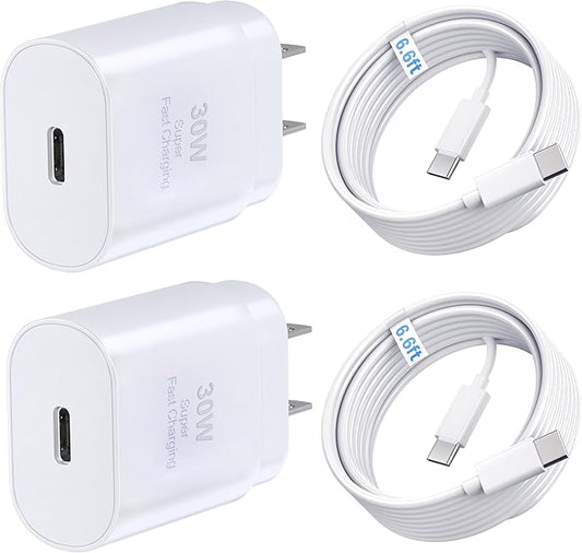 TT&C 2-Pack 30W USB-C Super Fast Charger with 6.6FT Type C Cables, PD 3.0 Wall Plug Compatible with iPhone 17 16 15, Galaxy S26 S25 Ultra & iPad (White)