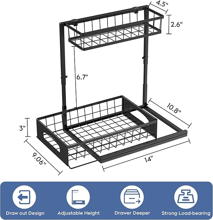 Under Sink Organizer , 2 Pack Height Adjustable Cabinet Organizer with Slide Out Drawer, Pull Out Under Sink Storage, Multi-Purpose 2 Tier Sink Shelves for Kitchen Bathroom Pantry (Black, 2 Pack)