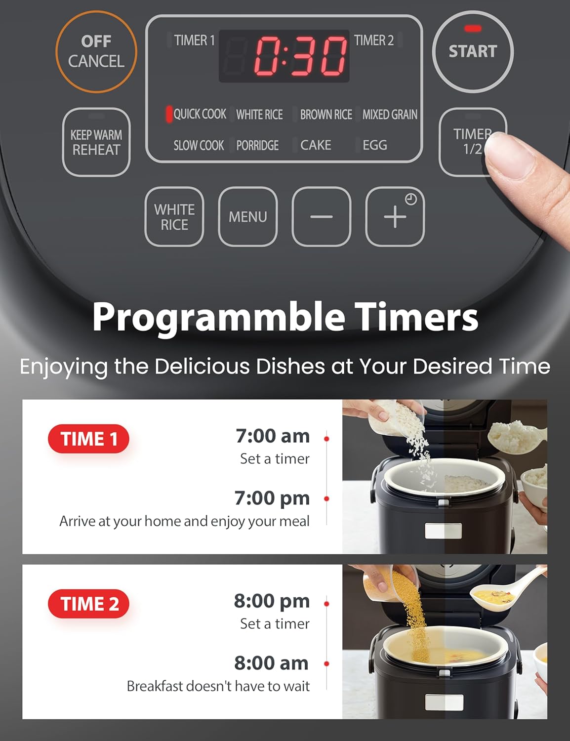 TOSHIBA 3-Cup Rice Cooker - LCD Display with 8 Cooking Functions | Non-Stick Inner Pot, Grey