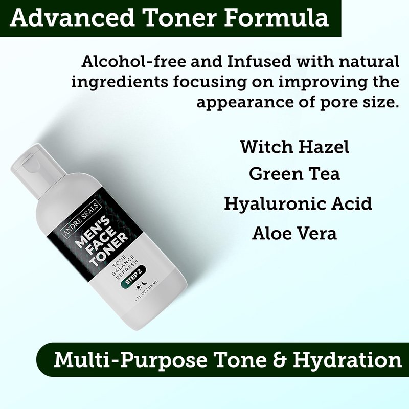 Andre Seals Face Toner for Men | Organic Witch Hazel, Hyaluronic Acid & Green Tea | Pore Minimizer, Hydration, Astringent, Face Tightener, Hydrating Toner, Oil Control, | Facial Toner & Men Skin Care