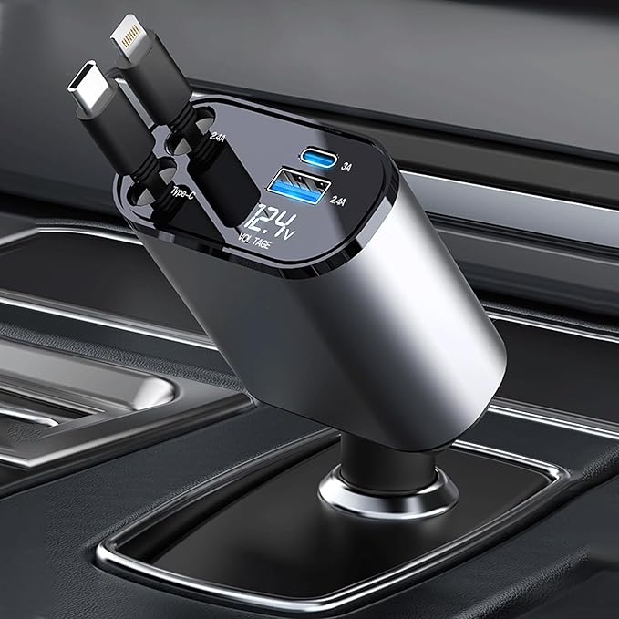 Retractable Car Charger with 100W Fast Car Charger 4 in 1 for iPhone and Type C, Retractable Cables (80cm) and 2 Charging Ports, Compatible with iPhone 15/14/13/12 Pro Max XR