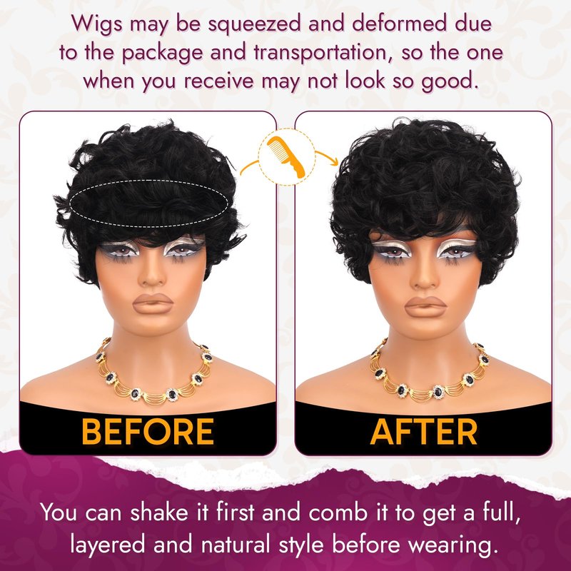 RUWISS Pixie Cut Wig Human Hair Curly Short Wigs for Black Women Glueless Pixie Human Hair Wig with Bangs for Daily Use Natural Short Bob Layered Wavy Human Hair Wigs for Black Women, Natural Black