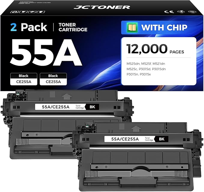 JCTONER 55A Black Toner Cartridge 2-Pack with chip High Yield Replacement for 55A CE255A Compatible with Printer