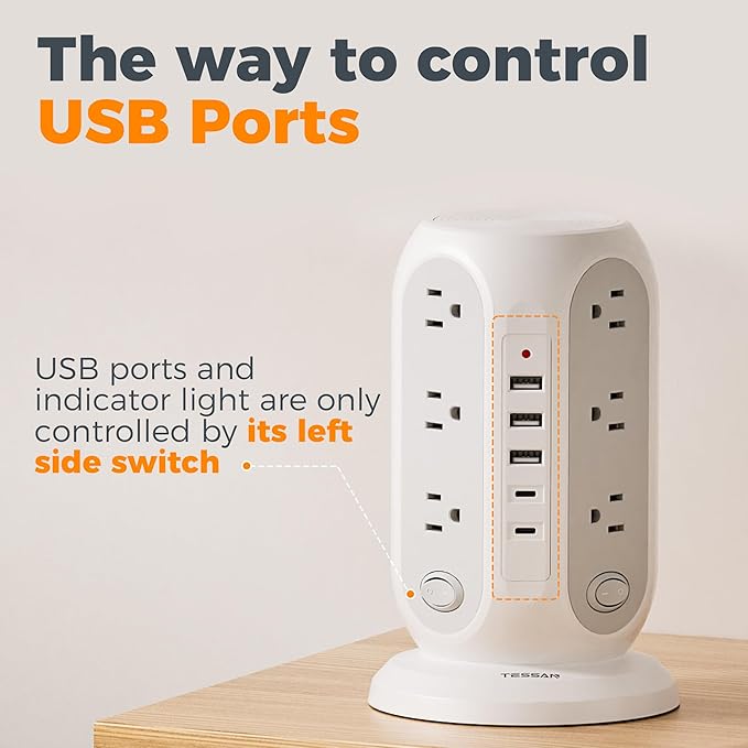 TESSAN Tower Power Strip with Individual Switches, Surge Protector with 12 Outlets, 5 USB Ports(2 USB C), Flat Extension Cord 10 Ft, 1250W, Charging Station for Multiple Devices, Office, Dorm, Grey