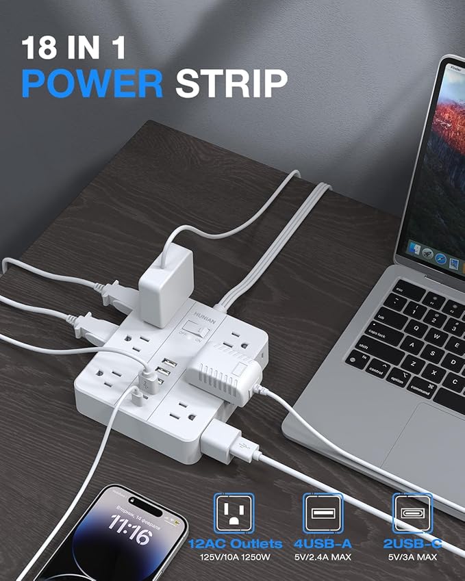 Flat Plug Power Strip, Flat Extension Cord Indoor 20 Feet, HUNIAN 12 Widely Spaced Outlets with 6 USB (2 USB C Ports), Desk Charging Station for Home Office Supplies, White