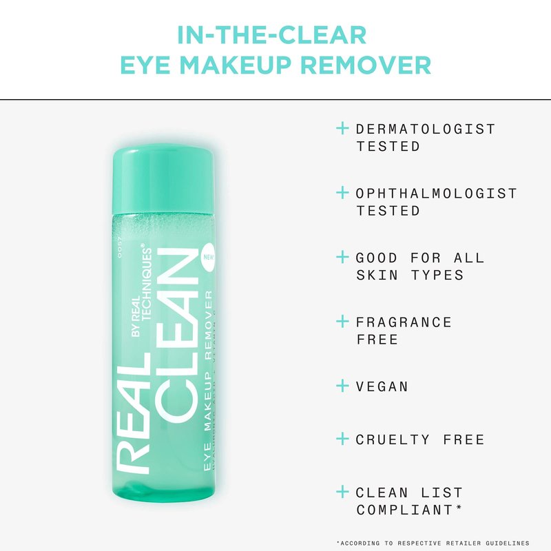 Real Techniques Real Clean In-The-Clear Eye Makeup Remover, Gentle Liquid Makeup Remover, Skin Repair Ingredients, Hyaluronic Acid & Vitamin C, Vegan & Cruelty-Free, 4 fl.oz./110 mL Bottle (Pack of 2)
