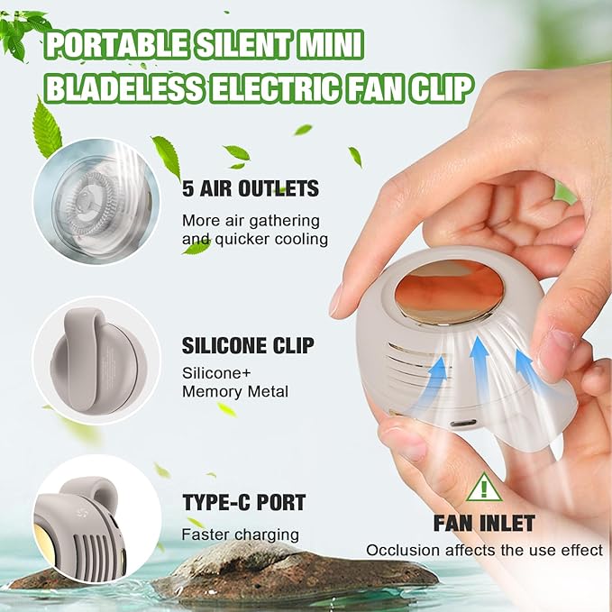 Wshxjzyay Portable Silent Mini Bladeless Fan Clip on, Portable Silent Mini Bladeless Electric Fan, For Outdoor & Travel & Office, Travel Accessories, Gift, Adjustable 3-Speed (Type-c, White)