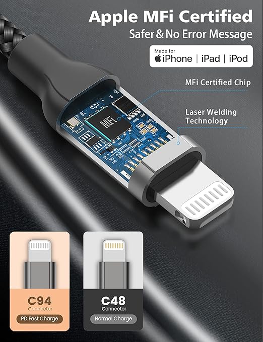 Acecene 2Pack MFi Certified 3ft USB-C to Lightning Cable - Fast Charging for iPhone 14-8, iPad