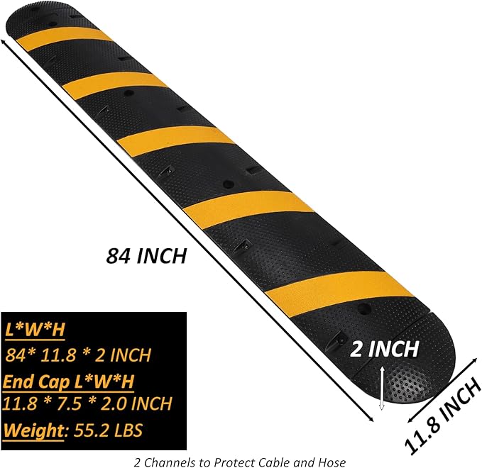 7 Ft Heavy Duty Speed Bump for Road, 84" Rubber Speed Bumps for Driveway, 1 Pack 2 Channel Modular Traffic Speed Bump Hump Cable Protector Ramps for Asphalt Concrete Gravel with 2 End Caps, 6 Spikes
