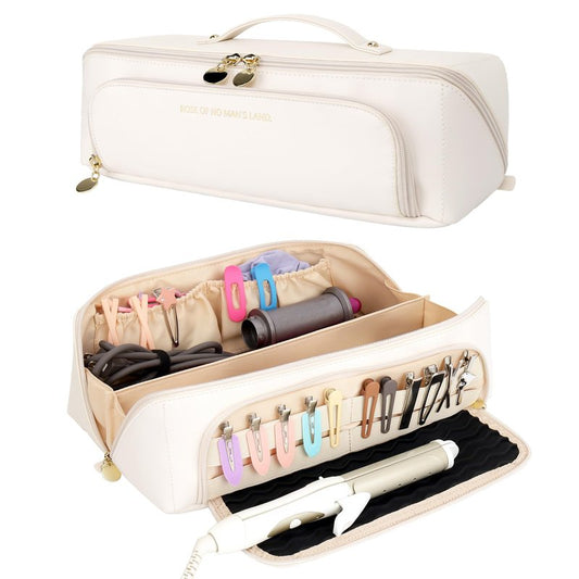 Linpr Hot Hair Tools Travel Bag with Heat Resistant Silicone Mat, 2 in 1 Hair Dryer Storage Bags, Women Travel Essentials Organizer Case for Curling Irons, Straighteners, Hot Air Brushes (White)