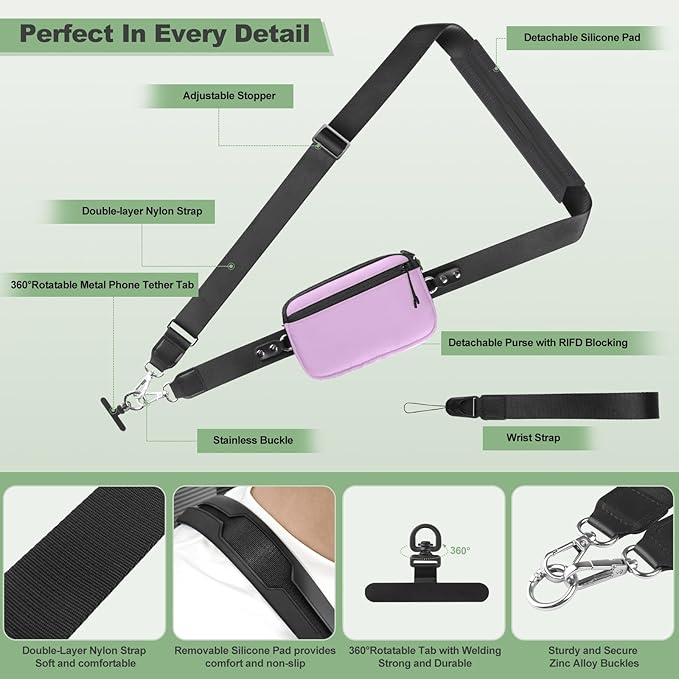 YFWE Clip and Go Strap for Phone with Wallet Crossbody, Adjustable Phone Lanyard with Detachable RFID Wristlet Wallet & Ultra-Thin 360° Rotatable Metal Tabs for All Smartphones (Purple)