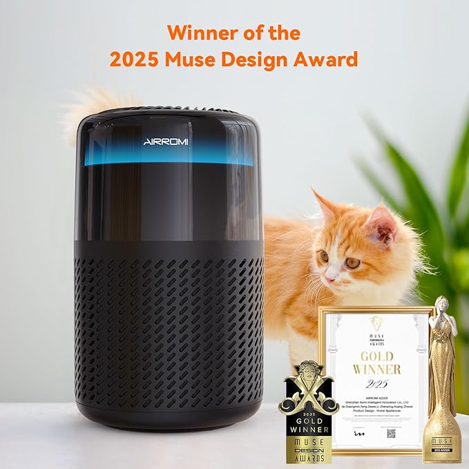 AIRROMI HEPA Air Purifier for Bedroom&Home,Pet Air Purifier for Home Pets,Removes Pet Odor,Cat Litter Smell,Dust,Smoke&Allergies,Quiet Room Air Purifier with Scents,360°Air Cleaner,A2005 Black