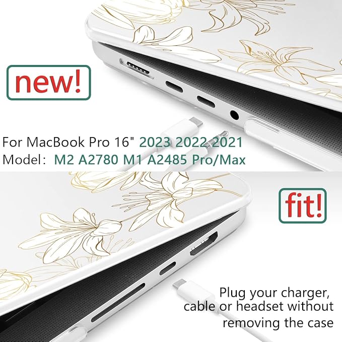 DONGKE Compatible with MacBook Pro 16 Inch Case (2026-2021 Release, M5 M4 M3 M2 M1 Pro/Max Chip), Plastic Hard Shell Cover with Keyboard Cover & Screen Protector for MacBook Pro 16", Gold Floral