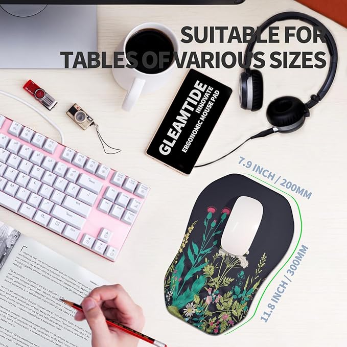Gleamtide Ergonomic Raised Mouse Pad Wrist Support with Bilateral Slope Memory Foam Mousepad for Wrist Rest and Carpal Tunnel Pain Relief 11.8x7.9〃Midnight Flowers