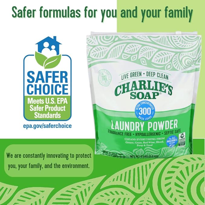 Charlieâs Soap Laundry Powder (300 Loads, 2 Pack) Hypoallergenic Deep Cleaning Washing Powder Detergent â Eco-Friendly, Safe, and Effective