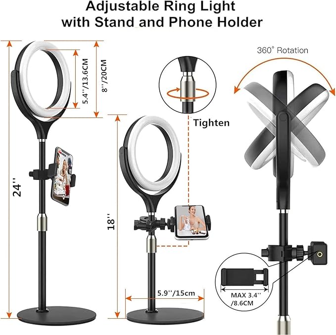 8 inch Desk Ring Light with Stand for for Video Conference,Adjustable Zoom Lighting for Computer, Circle Light for Video Recording, Video Calls, Online Class, Live Streaming, Podcast