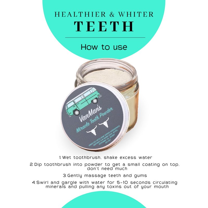 Vanman’s - Mint and Bone Tooth Powder Toothpaste - Remineralizing Tooth Powder with Cattle Bone Derived Hydroxyapatite, Bentonite Clay, Peppermint Oil and Baking Soda - 2.2 oz