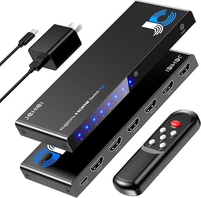 JCHICI 4K HDMI Switch 5x1 with Remote - 4K@60Hz HDR HDCP 2.2 - Auto-Switcher Splitter for PS5/PS4/Xbox/Switch/PC