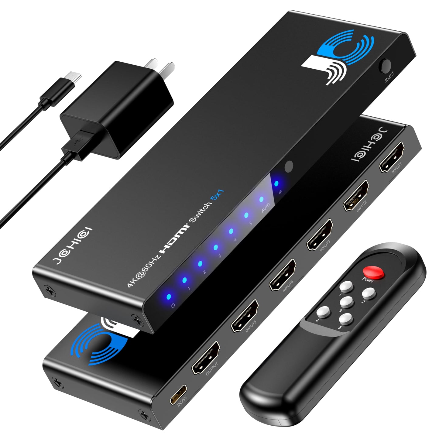 JCHICI 4K HDMI Switch 5x1 with Remote - 4K@60Hz HDR HDCP 2.2 - Auto-Switcher Splitter for PS5/PS4/Xbox/Switch/PC