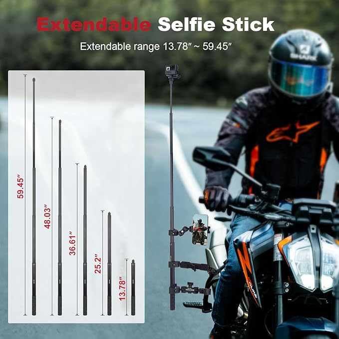 Mechrig Motorcycle Ebike Mount kit for Insta360 X5, Bike & Golf Car Handlebar Clamp Mount and 59" Invisible Selfie Stick Bundle Kit, Super Clamp, Action Camera Adapter for GO2/3/3S/DJl, JC027
