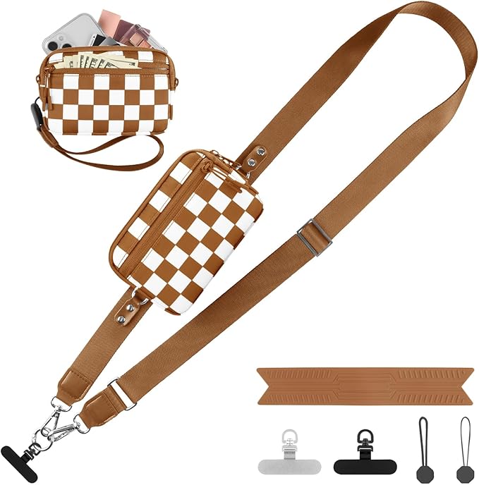 YFWE Clip and Go Strap for Phone with Wallet Crossbody, Adjustable Phone Lanyard with Detachable RFID Wristlet Wallet, Phone Strap with Phone Tabs for All Phones, Bronze Checkered (M)