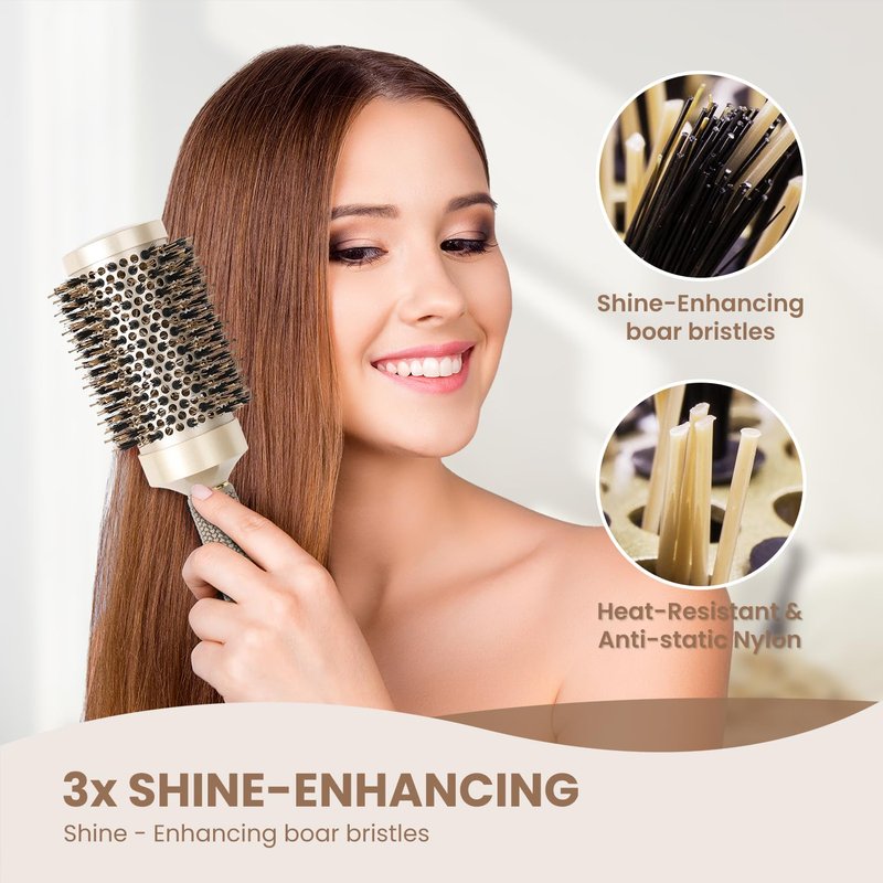 AIMIKE Hair Brush Set - Nano Thermal Ceramic Round Brush with Boar Bristles for Blow Drying | Includes Tail Comb & Hair Clips