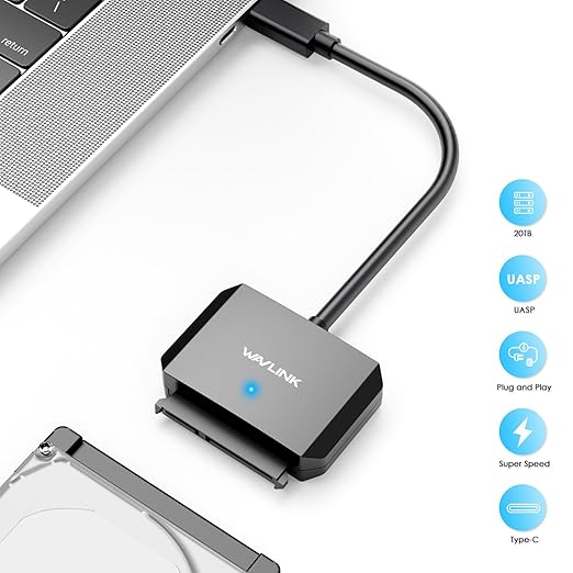WAVLINK SATA to USB Type-C Hard Drive Cable, 5Gbps USB C to Sata Cable Support UASP, External Hard Drive SATAI/II/III Connector 2.5" SSD/HDD and 3.5" HDD up to 20TB, Power Adapter Included