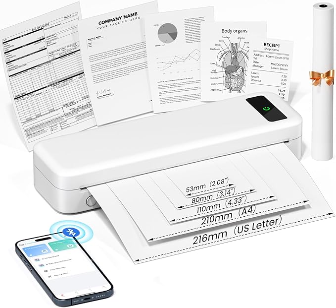 TATTMUSE Portable Thermal Printer, Bluetooth Printers Wireless for Travel Home Use, Mini Compact Printer
