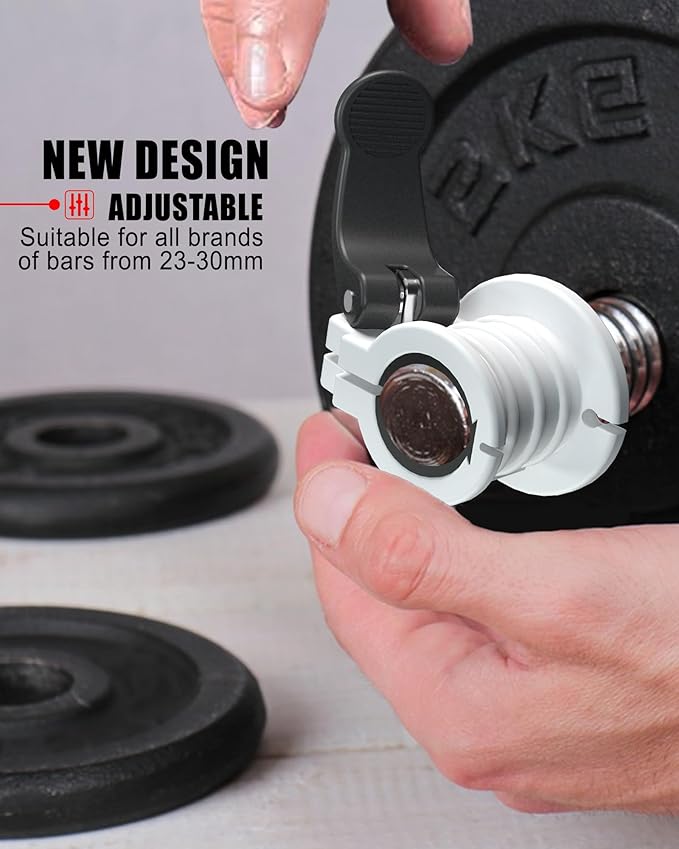 ZY-HUAN Barbell Clips 1 inch Barbell Clamps 0.9-1.18inch Quick Release Weight Clips for Bars Multi-Size Adjustable Olympic Barbell Clamps (Black + White)