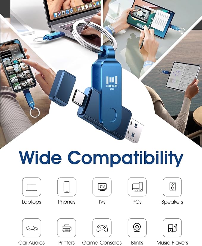 MOSDART 64GB Dual USB C 3.2 Flash Drive, Speed Up to 150MB/S Type C Thumb Drive with Keychain, for iPhone 15,16, 17, Android Phone, iPad, MacBook, and Laptops, Navy Blue