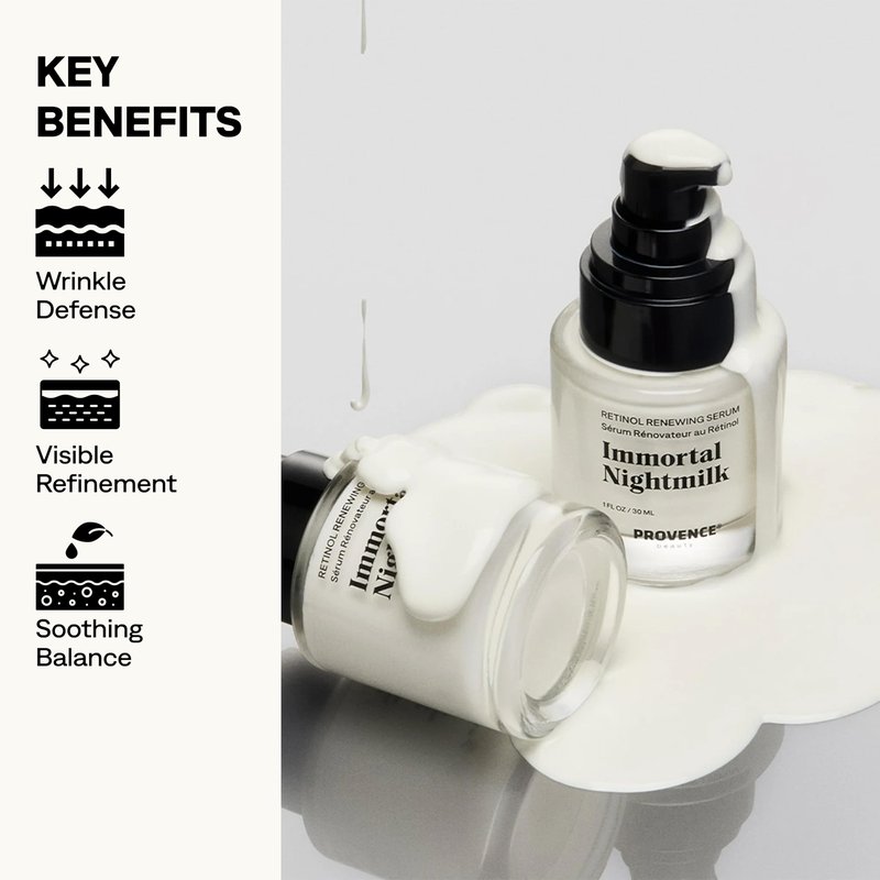 Provence Beauty Immortal Nightmilk Retinol Renewing Face Serum – A Gentle 0.5% Retinol with Niacinamide & P5 Peptide – Smooths Texture, Improves Tone & Firms Skin – 1 fl oz