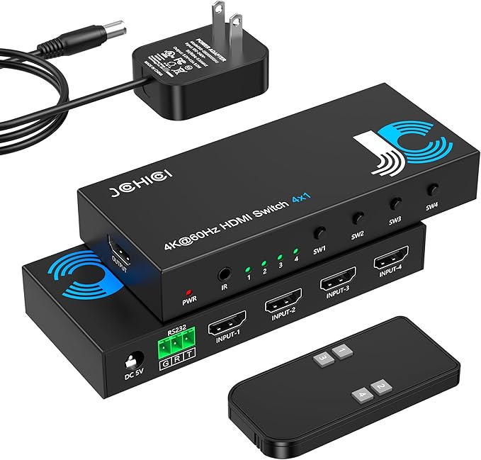 HDMI Switch 4 in 1 Out 4K@60Hz, 4 Ports HDMI Switcher Splitter Selector with Remote, Support HDCP 2.2 HDR 10+ Dolby Vision/Atmos 18Gbps CEC for Apple TV Game PC PS4 5 Pro Xbox Roku