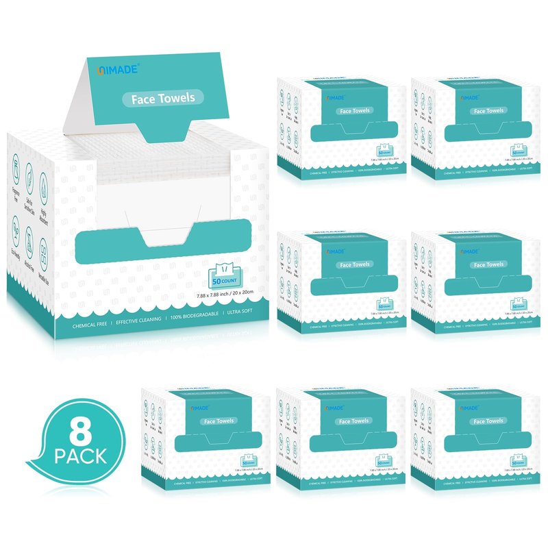 UNIMADE Face Towels, 400 Count Disposable Face Towelette for Washing Face, Skincare, Ultra Soft Facial Towel for Sensitive Skin, Lint-free Makeup Remover Dry Wipes - 8 Box